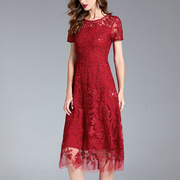中年女士妈妈婚宴礼服夏喜婆婆结婚礼装中长款红色喜庆短袖连衣裙