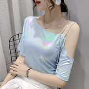 短袖T恤女2024夏季设计感洋气小衫露肩韩版宽松性感斜肩