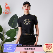SVG高尔夫套装女印花短袖T恤衫立领修身女士运动上衣