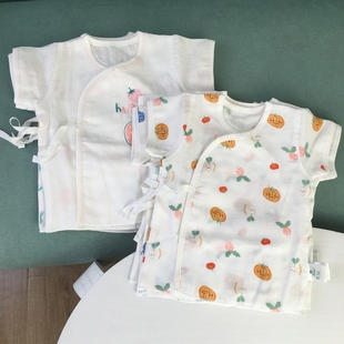 2件装新生儿夏薄款双层纱布短袖和尚服纯棉透气初生婴儿宝宝上衣