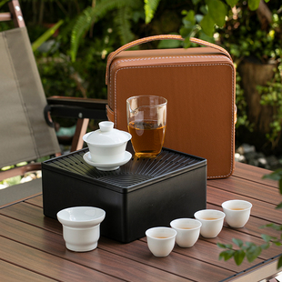 德化白瓷功夫旅行茶具茶盘，套装家用盖碗泡茶杯，储水盘陶瓷logo定制