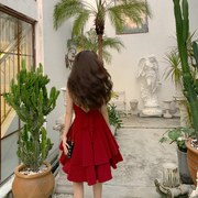 土耳其泰国吊带连衣裙红色，性感露背沙滩裙子雪纺，海边度假长裙