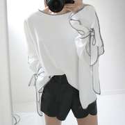 韩国东大门女装2022春季白色，锁边装饰袖口系带，长袖t恤rl