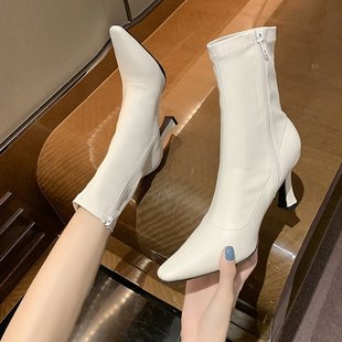 白色加绒短靴女2023春秋季时装靴子，尖头细跟高跟鞋中筒马丁靴