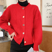 新年红色针织开衫女设计感秋冬季灯笼袖软糯羊绒毛衣外套短款上衣