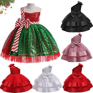 外贸童裙子万圣节红色，圣诞裙女童公主连衣裙，斜肩设计礼服聚会表演