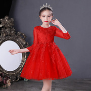 儿童公主裙礼服钢琴，表演服女童红色，蕾丝蓬蓬裙白色童装长袖连衣裙