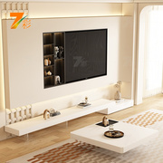 奶油风岩板纯白色茶几电视柜，组合现代简约亚克力，悬空浮可伸缩地柜