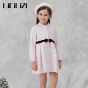LiCiLiZi粒子女童粉色立领呢子外套长袖2024早春款蝴蝶结腰带上衣