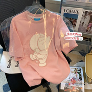 纯棉包领 粉色卡通植绒短袖T恤女夏季宽松日系少女休闲中袖上衣女