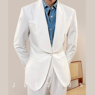 juesion青果领白色西装套装，男商务绅士，修身一粒扣结婚礼新郎礼服