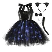 万圣节服装led灯发光裙，黑色猫咪tutu纱女童，连衣裙跨境派对公主裙