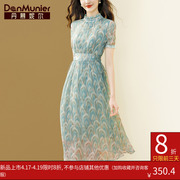 丹慕妮尔法式优雅印花雪纺连衣裙女夏季高腰，气质轻熟风中长裙