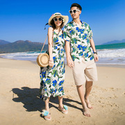 港风欧美外贸情侣装夏威夷风旅游蜜月海岛花色衬衫短袖潮款沙滩裙