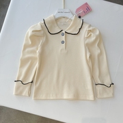 100-140韩系女童米白色，华夫格黑色边泡泡袖，翻领长袖t恤