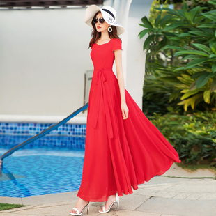 红色波西米亚沙滩裙女2023显瘦长裙仙雪纺大摆连衣裙拖地超长