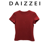 DAIZZEI~高级修身红色短款T恤女夏欧货纯棉百搭显瘦体恤短袖上衣