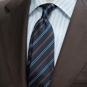 illupo藏蓝色底白色棕色斜条纹手工半内衬三褶意式真丝提花领带