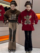 大码减龄时尚两件套女秋冬卡通中长款加绒卫衣提臀芭比裤套装