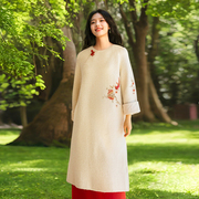 新中式羊毛混织手绣毛织连衣裙 知笔墨春季米色禅意绒感保暖长裙