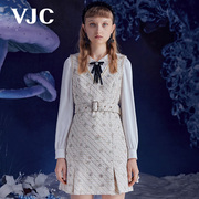 VJC/威杰思女装秋冬法式无袖连衣裙提花复古气质高腰裙