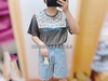 韩国东大门女夏季蕾丝，拼接深灰色，短袖气质t恤