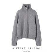 绒暖斯特〓绒+〓深灰色，斜拉链翻领大克重羊绒，毛衣外套女2024冬季