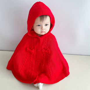 宝宝披肩红色洋气童装外套婴儿，披风斗篷春秋冬季外出薄绒保暖防风