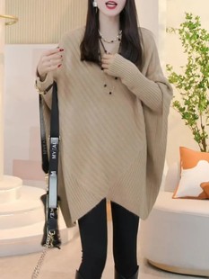 简约时尚韩版中长款毛衣2023秋季大码宽松显瘦蝙蝠袖针织上衣