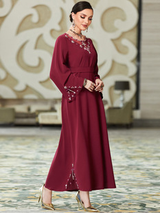 新简约长袖优雅长裙气质纯色酒红色领口镂空网纱缝钻A字版连衣裙