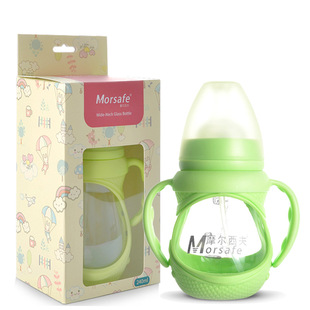 摩尔西夫婴儿玻璃奶瓶宽口径带手柄吸管宝宝喂养防摔硅胶套