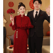 旗袍敬酒服新娘小个子酒红色，订婚礼服裙，中式改良结婚长袖蕾丝冬季