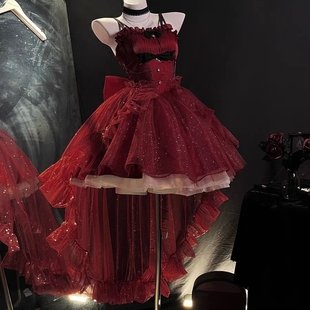 前短后长轻礼服高级星空，细闪公主裙，红色礼服裙lolita连衣裙