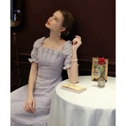 法式复古连衣裙女2023年夏钉珠(夏钉珠)高腰，高级感时尚气质香芋紫长裙