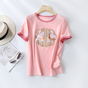 减龄时尚新中式卡通小鹿印花粉色短袖t恤女夏季薄款短款内搭上衣