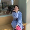 韩chic简约蓝色格子衬衫女春季2024洋气POLO领中长款宽松上衣