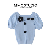 MMC 2024夏小香风短袖针织开衫薄款设计感小花蝴蝶结上衣女