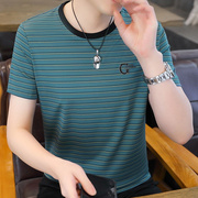 黑白横条纹短袖T恤男夏季丝光棉圆领体恤衫韩版高端凉感半袖上衣