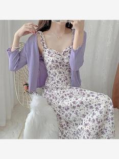 夏季香芋紫连衣裙碎花吊带裙防晒衫两件套装裙温柔风淑女气质长裙