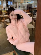 韩系粉色毛衣拼接高领棉服厚外套女秋冬季套装针织休闲长裤两件套