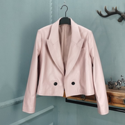 小众设计绵羊皮真皮女粉色，西服外套绵羊皮短款夹克，上衣宽松休闲
