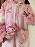 台湾睡衣女冬季珊瑚绒加绒加厚粉色，毛绒可爱长款睡裙睡