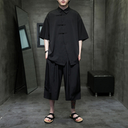 黑色衬衫男短袖夏季薄款冰丝套装中式盘扣唐装半袖衬衣中国风男装