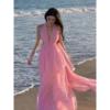 夏季波(夏季波)西米亚，粉红色沙滩露背挂脖飘带连衣裙长裙飘逸雪纺海边度假
