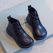 女童靴子马丁靴真皮2023秋冬季单靴子(单靴子)英伦，风加绒儿童短靴宝宝黑色