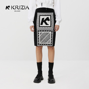 K KRIZIA 黑色孟菲斯设计感拼接修身针织半裙包臀裙