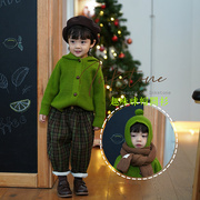韩男版连帽家砚台针织开衫，潮款春秋外套儿童，洋气毛衣女童绿色宝宝