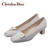 chrisdiendeny克雷斯丹尼一脚蹬，女鞋羊皮粗跟单鞋白色高跟鞋女士