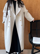 白色羊毛双面呢子大衣外套，女秋冬高级感廓形双排扣中长款毛呢外套