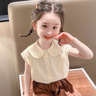 女童夏季娃娃衫上衣儿童圆点，纯棉娃娃领短袖t恤女孩宝宝夏装衬衫